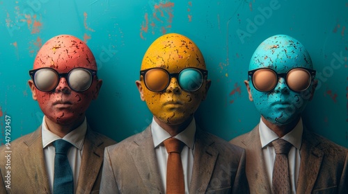 Colorful egghead employees in suits with unique cracked patterns