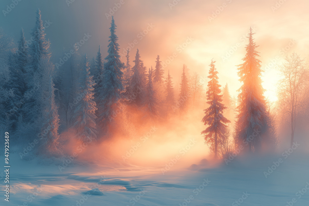 Dissolving snowy landscapes merging into a soft pastel gold mist, Dissolving snowy landscapes merging into a soft pastel gold mist,