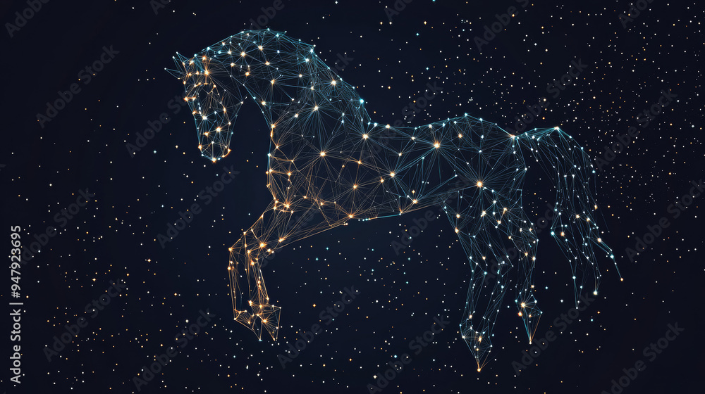 Abstract mesh network of lines and points depicting a chess horse in origami style on a white background, with text. Starry sky or space theme. Vector illustration of strategy. Abstract mesh network of lines and points depicting a chess horse in origami style on a white background, with text. Starry sky or space theme. Vector illustration of strategy.