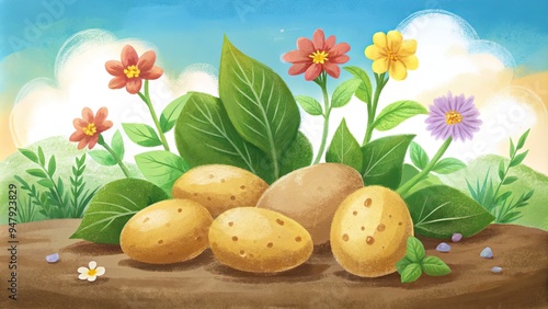 Fresh potatoes surrounded by colorful flowers. photo