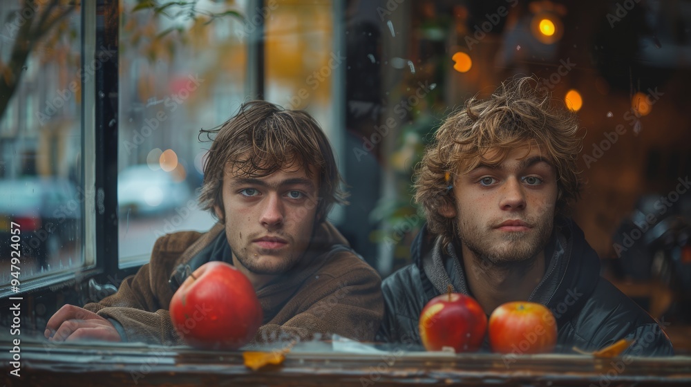 Fototapeta premium Two young men curiously watching through a window with autumn scenery