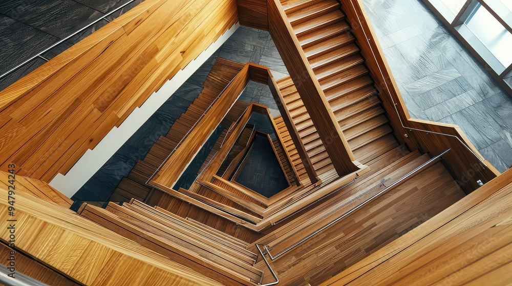 The image is a close-up perspective shot of a wooden staircase viewed from directly above. The stairs have silver handrails and the wooden planks are a warm and natural color. The image is a close-up perspective shot of a wooden staircase viewed from directly above. The stairs have silver handrails and the wooden planks are a warm and natural color.