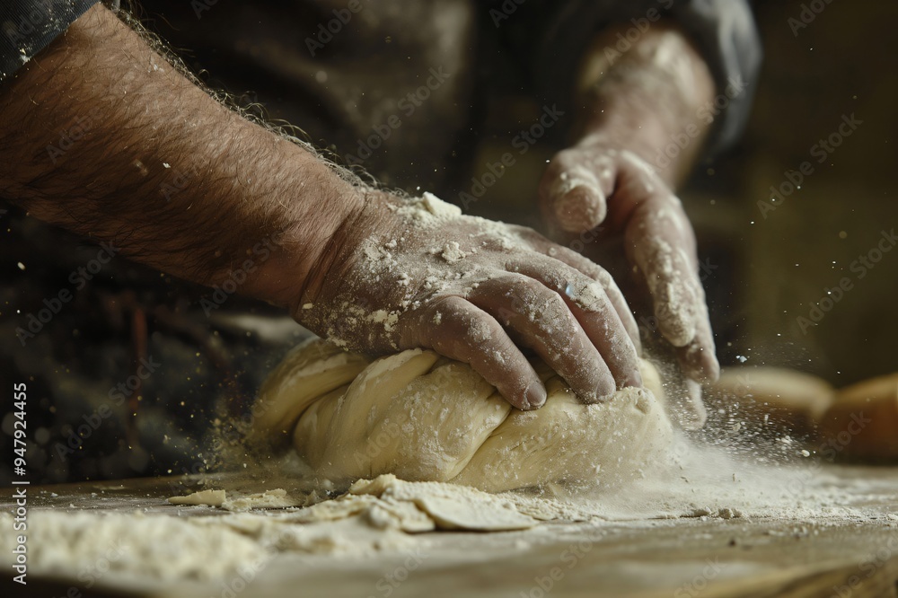 Strong, flour covered hands kneading dough in a rustic kitchen, emphasizing the artisanal nature of bread making Strong, flour covered hands kneading dough in a rustic kitchen, emphasizing the artisanal nature of bread making