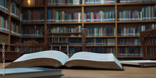 textbooks open on a table focus on, educational materials, realistic, Composite, library backdrop