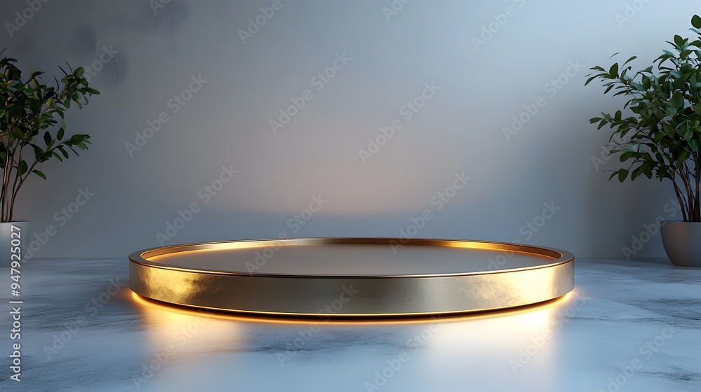 A round podium with a gold rim, centered on a clean white background, illuminated by soft overhead lighting. A round podium with a gold rim, centered on a clean white background, illuminated by soft overhead lighting.