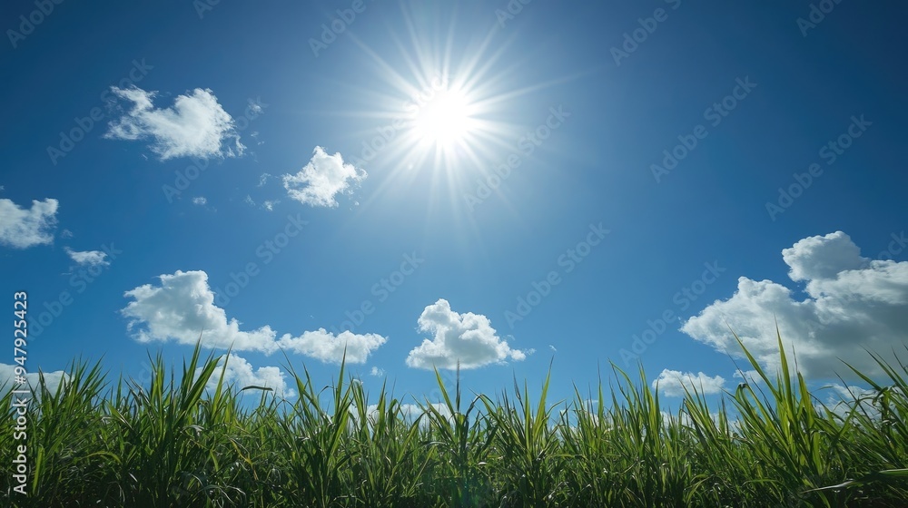A wide shot of sugarcane fields under the bright midday sun, with clear blue skies extending far into the horizon. A wide shot of sugarcane fields under the bright midday sun, with clear blue skies extending far into the horizon.