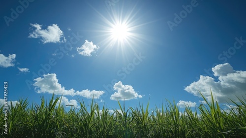 A wide shot of sugarcane fields under the bright midday sun, with clear blue skies extending far into the horizon.