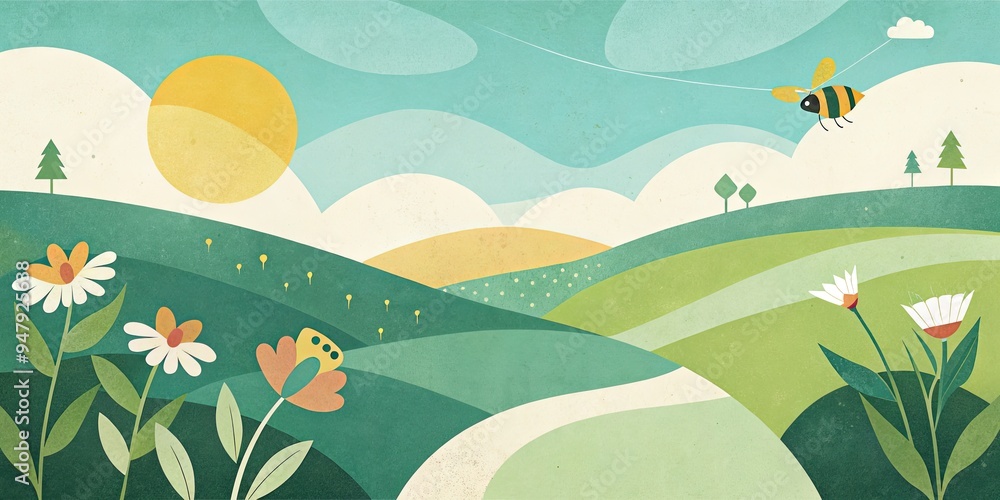 Sunny landscape illustration with fields and flowers. Sunny landscape illustration with fields and flowers.