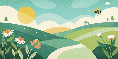 Sunny landscape illustration with fields and flowers. photo