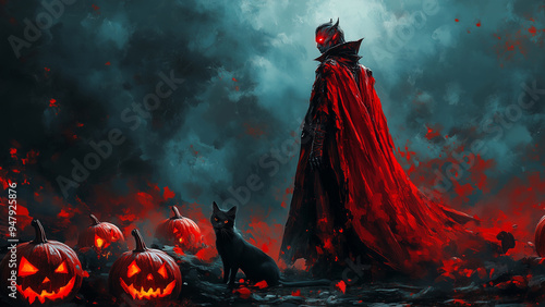 Chic vampire king with black cat and Jack o lanterns