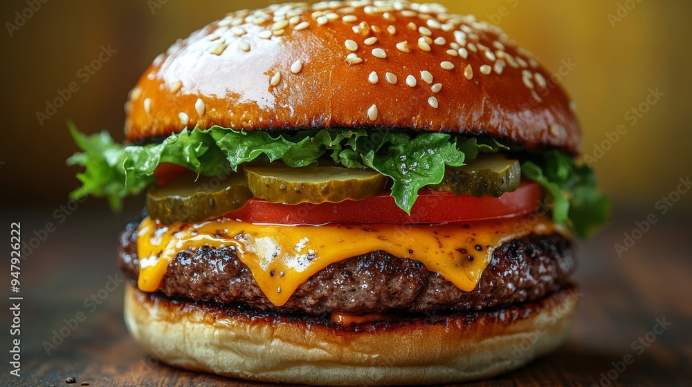 Delicious cheeseburger with lettuce pickles and tomatoes on a sesame seed bun Delicious cheeseburger with lettuce pickles and tomatoes on a sesame seed bun