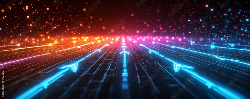 A mesmerizing display of colorful arrows in motion, symbolizing direction, progress, and technology against a dark backdrop. A mesmerizing display of colorful arrows in motion, symbolizing direction, progress, and technology against a dark backdrop.