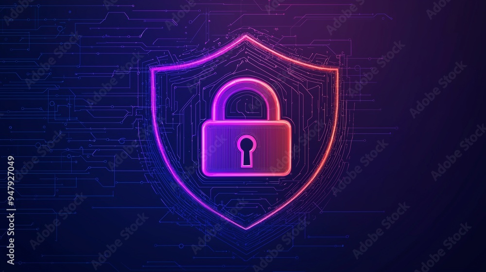 A vibrant digital shield with a lock signifying cybersecurity and data protection in a modern tech environment. A vibrant digital shield with a lock signifying cybersecurity and data protection in a modern tech environment.