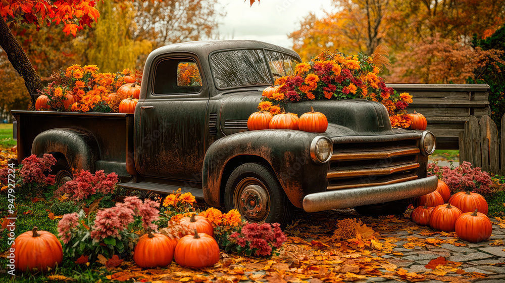 © graja - Halloween theme, a vintage pickup truck adorned with a lot of pumpkins and autumn decorations. © graja - Halloween theme, a vintage pickup truck adorned with a lot of pumpkins and autumn decorations.