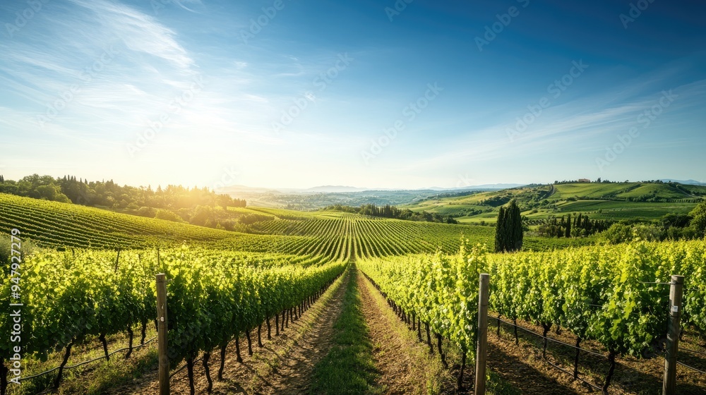 Endless rows of grapevines in a vineyard, basking in the sunlight under a clear blue sky, with hills in the distance. Endless rows of grapevines in a vineyard, basking in the sunlight under a clear blue sky, with hills in the distance.