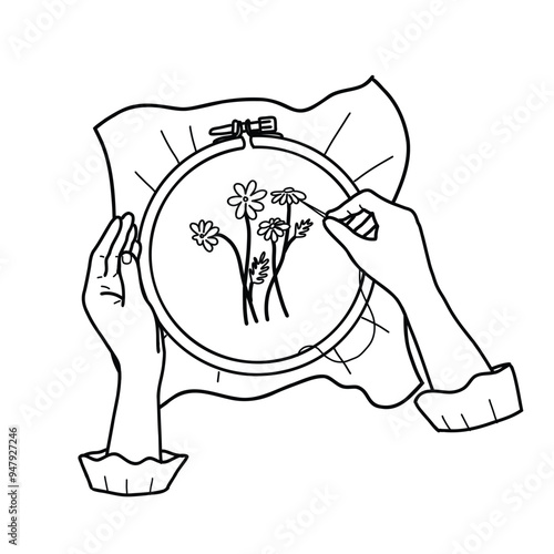 Female Hands embroidering on a hoop Flowers, Needlework, embroidery composition. Vector hand drawn illustration in doodle style isolated on a white background. Vintage Sketch.