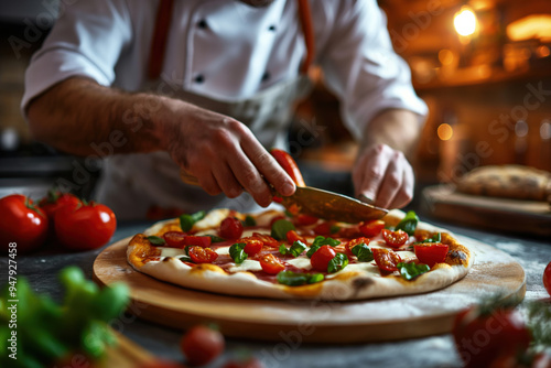 Chef is adding fresh basil to a gourmet pizza topped with cherry tomatoes and mozzarella in a restaurant kitchen