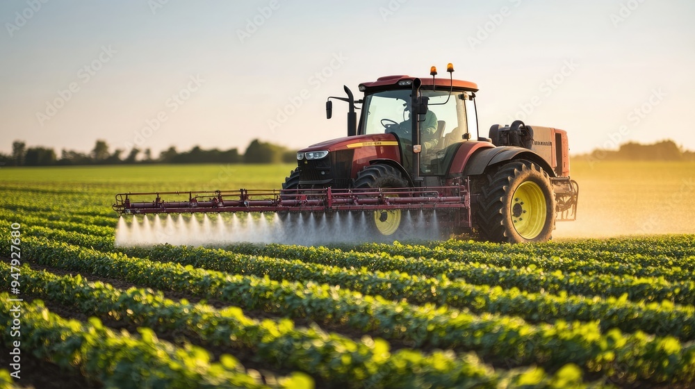 Front view of a tractor moving through a field, spraying pesticide with precision, showing the machinery and crop interaction. Front view of a tractor moving through a field, spraying pesticide with precision, showing the machinery and crop interaction.