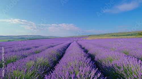 Rolling fields of lavender in full bloom, creating a purple sea under a cloudless blue sky in the countryside.