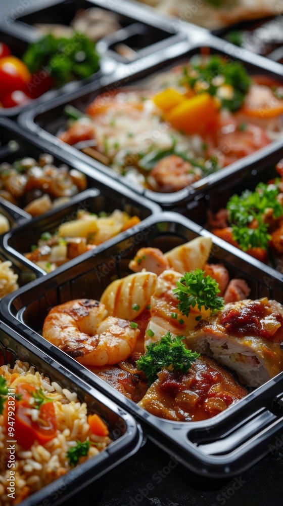 A variety of food is displayed in black plastic containers A variety of food is displayed in black plastic containers