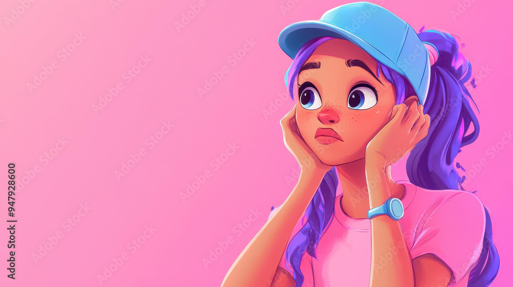 Stylish girl with purple hair ponders her choices, hand on cheek, in a vibrant tee and cap, embodying a playful spirit. Stylish girl with purple hair ponders her choices, hand on cheek, in a vibrant tee and cap, embodying a playful spirit.