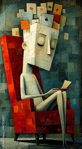 Man Sitting in a Red Chair with Thoughts Above His Head