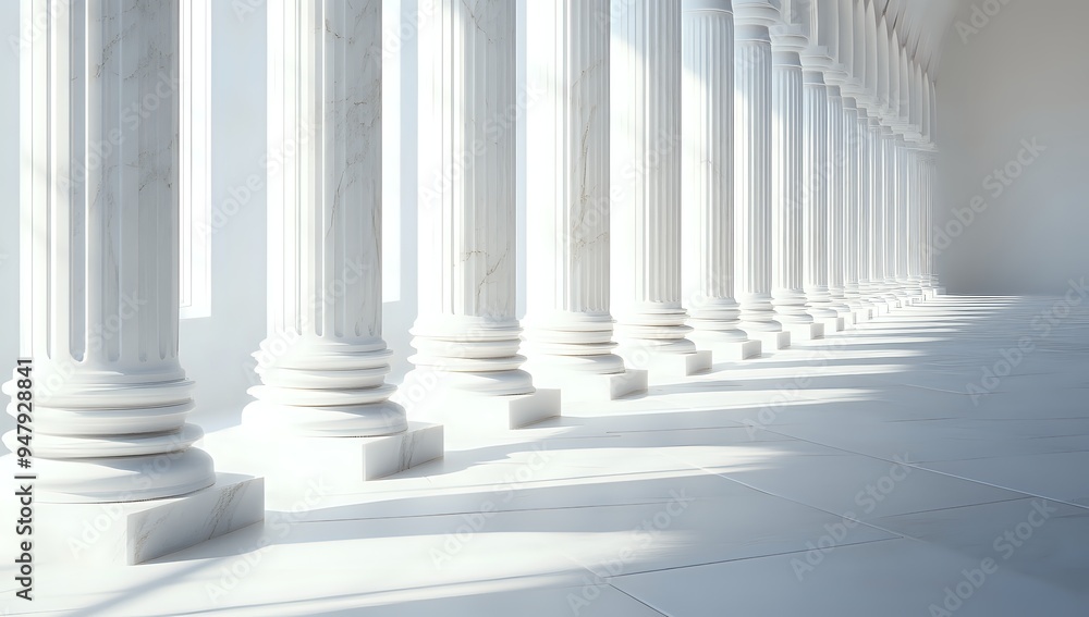 White Marble Columns in a Sunlit Hallway, Classic Architecture with Elegant Design White Marble Columns in a Sunlit Hallway, Classic Architecture with Elegant Design