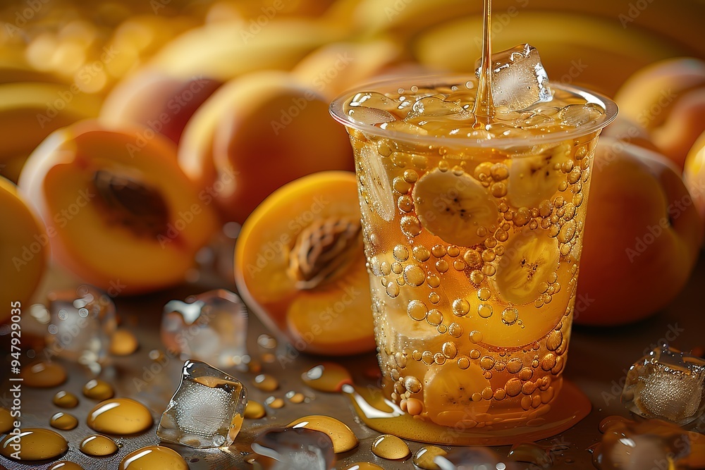A glass of peach juice with ice cubes and banana slices A glass of peach juice with ice cubes and banana slices