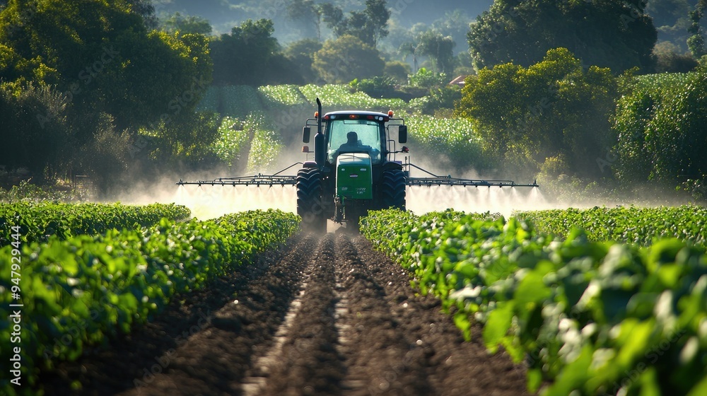 Obraz premium Zoomed-in view of a tractor's pesticide sprayer at work, the mist gently covering the rows of thriving crops.