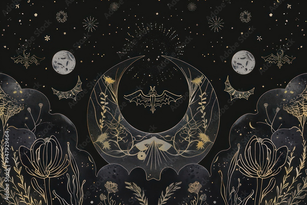 Mystical night with bats and moons Mystical night with bats and moons