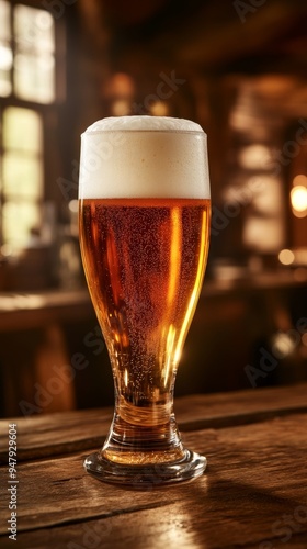 Glass of cold lager beer standing on bar counter in pub