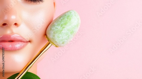 A beautiful woman with smooth skin, gently massaging her face with a jade roller photo