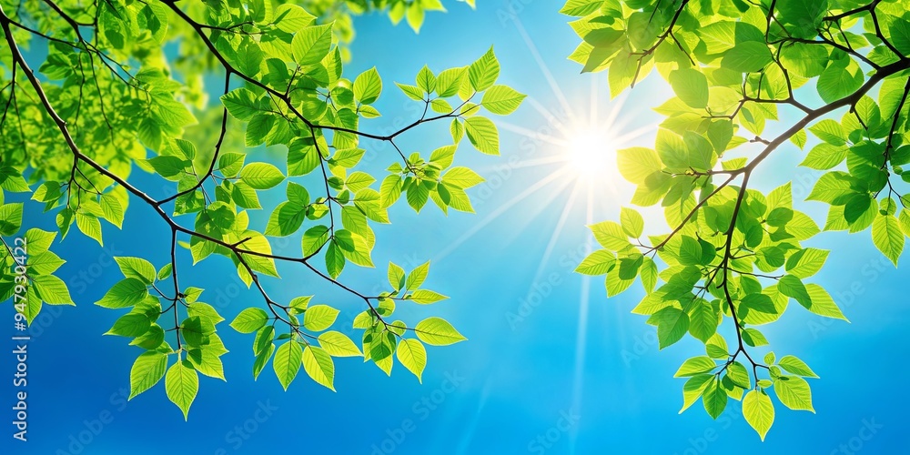 Tree branch with vibrant green leaves against a clear blue sunny sky, Nature, foliage, branches, outdoors, growth Tree branch with vibrant green leaves against a clear blue sunny sky, Nature, foliage, branches, outdoors, growth