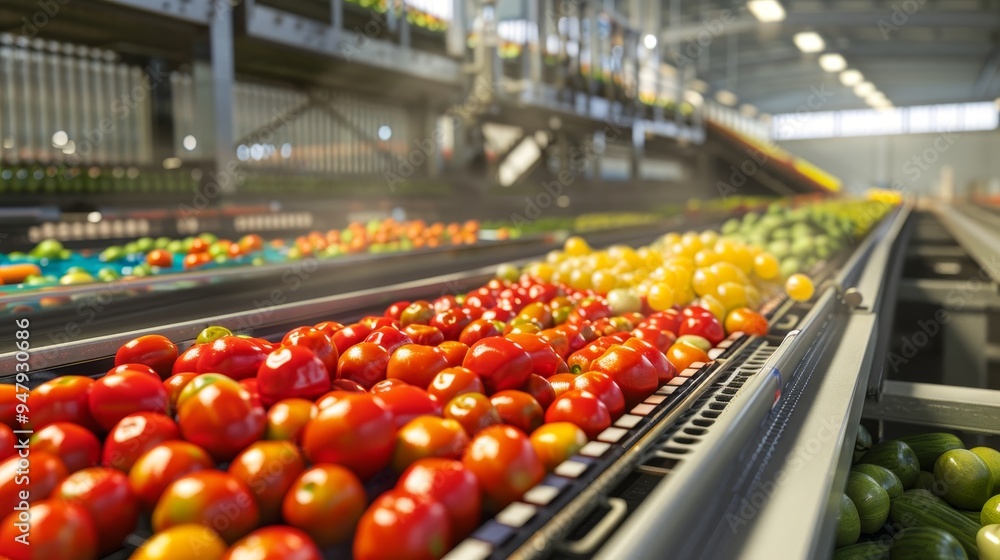Fresh Harvest Vibrant Fruits and Vegetables on Automated Conveyor Belt at Agricultural Processing Plant Fresh Harvest Vibrant Fruits and Vegetables on Automated Conveyor Belt at Agricultural Processing Plant