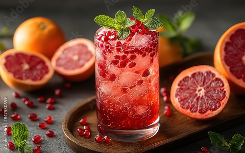 A glass of red drink with a garnish of mint and pomegranate slices photo