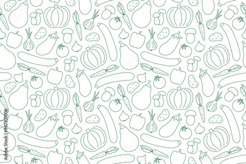autumn vegetables seamless pattern with pepper, eggplant, mushroom, tomato, onion, carrot, potato, garlic, zucchini, pumpkin,  icons; great for packaging for organic food products