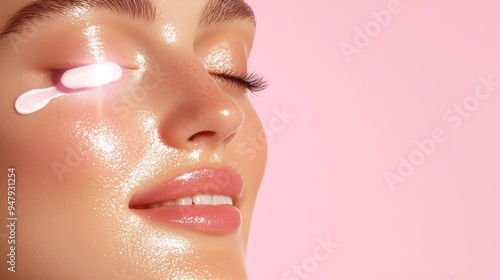 An woman with glowing skin, applying undereye cream with a gentle smile