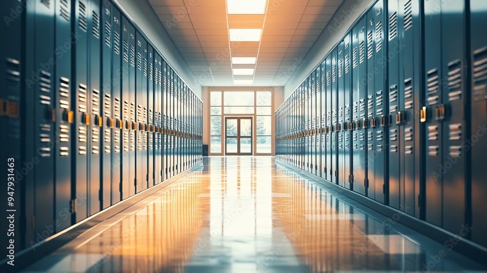 A bright school hallway with blue lockers leading to a glass door, creating a vibrant and inviting atmosphere. A bright school hallway with blue lockers leading to a glass door, creating a vibrant and inviting atmosphere.