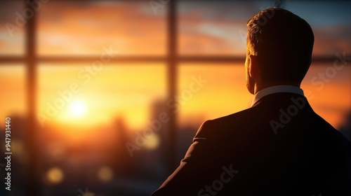 Silhouette of a person in an open plan office with a luminous glow and elegant design
