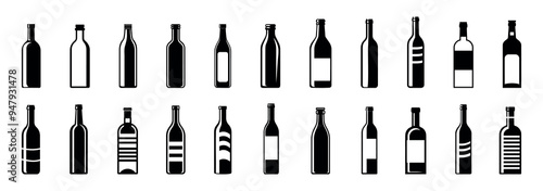 various wine bottle silhouette vector isolated.