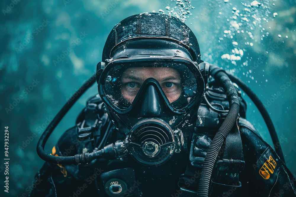Daring Deep Dive: A Navy Diver Gears Up for an Underwater Adventure in the Mysterious Blue Abyss, Ready for Challenges Ahead. Daring Deep Dive: A Navy Diver Gears Up for an Underwater Adventure in the Mysterious Blue Abyss, Ready for Challenges Ahead.