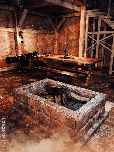 Fantasy room in an old pirate tavern, with a burning place, a table, and a cannon. 3D render. Made with 3d resources and painted elements. No AI used. 