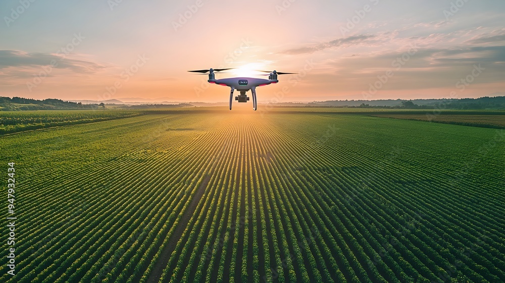 Aerial view of a drone equipped with IoT sensors and technology mapping a vast agricultural landscape Aerial view of a drone equipped with IoT sensors and technology mapping a vast agricultural landscape