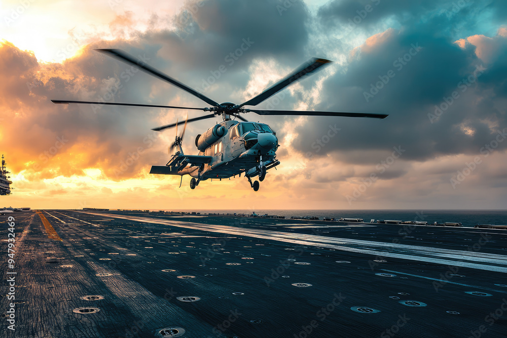 A striking navy helicopter takes flight from the deck, silhouetted against a stunning sunset over the ocean, showcasing power. A striking navy helicopter takes flight from the deck, silhouetted against a stunning sunset over the ocean, showcasing power.