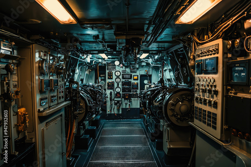 Inside the Heart of a Navy Ship: Exploring the Engine Room Filled with Complex Machinery and Control Panels