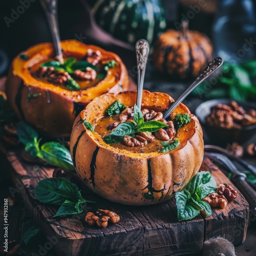 Roasted Pumpkin Soup Served in Mini Pumpkins with Herbs and Walnuts, Autumn Comfort Food Background photo