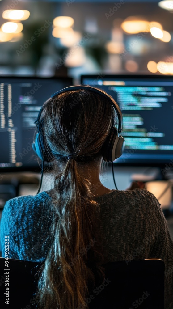Computer programmer writing code on computer in office at night