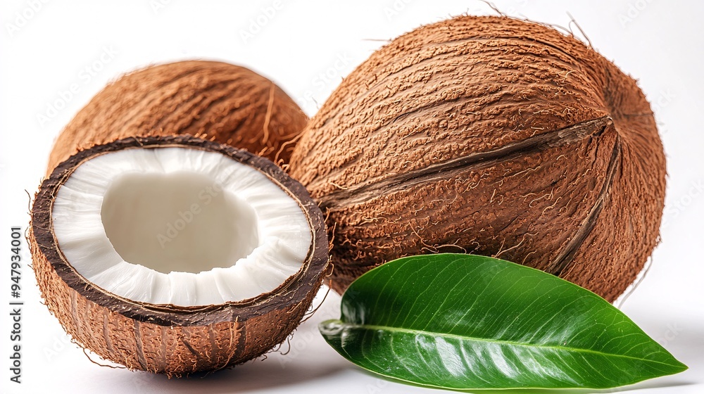 Fresh coconut with a cracked shell revealing the white interior and green leaf, perfect for tropical themes. Fresh coconut with a cracked shell revealing the white interior and green leaf, perfect for tropical themes.