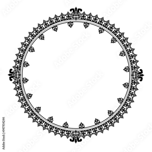 Round Wreath Black circular round ornament floral Abstract pattern Victorian Damask traditional style, illustration Vintage Design, Floral frames, Mandala, Antique, Moroccan