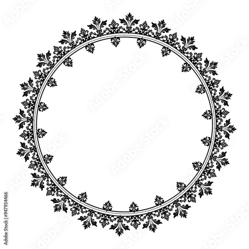 Black circular round ornament floral Abstract pattern Victorian Damask traditional style, illustration Vintage Design, Floral frames, Mandala, Antique, Moroccan